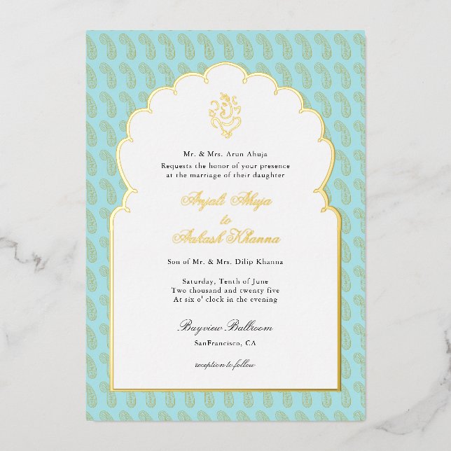 Elegant Ganesh Indische Hochzeit Aqua und Gold Folieneinladung (Vorderseite)
