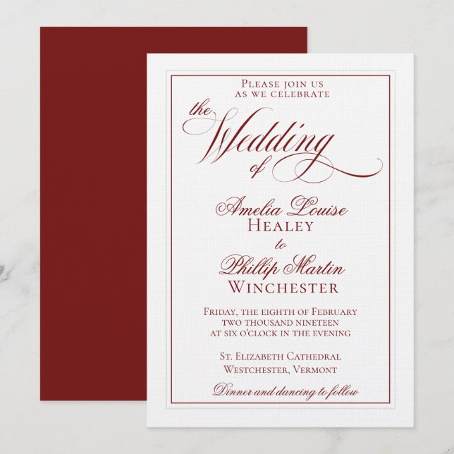 Elegant Garnet Red and White Wedding Einladung (Vorne/Hinten)