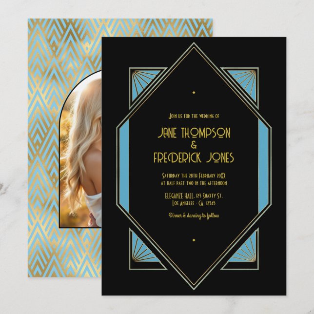 Elegant Gatsby Art Deco Blue & Gold Wedding Photo Einladung (Vorne/Hinten)