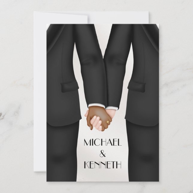 Elegant Gay Wedding Groom Holding Hands ethnisch Einladung (Vorderseite)