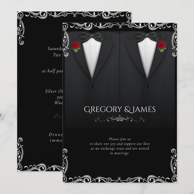 Elegant Gay Wedding Tuxedo Rote Rose Einladung (Vorne/Hinten)