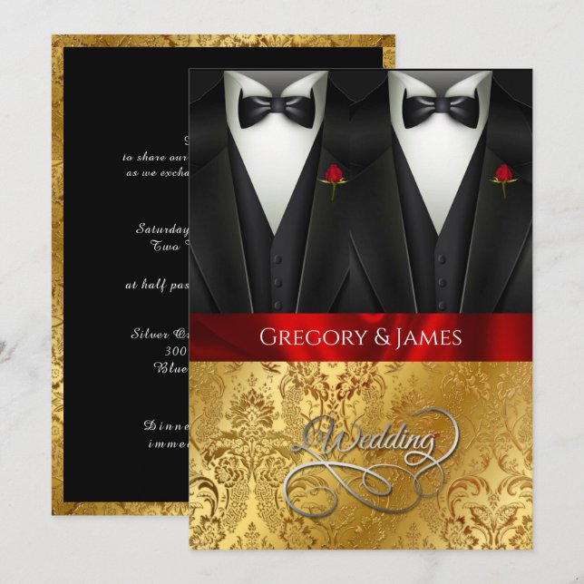 Elegant Gay Wedding Tuxedo Rote Rose Einladung (Vorne/Hinten)