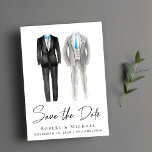 Elegant Gay Wedding Tuxedo Wasserfarben Save The Date<br><div class="desc">Elegant und chic kein Foto Homosexuelle Hochzeit speichern Sie das Datum Ankündigung mit zwei grau-schwarz tuxedo Aquarellen mit blauen Akzenten und "Save the Date" in einem stilvollen Skript. Fügen Sie Ihre Namen,  Hochzeitstag und Ort in der modernen Typografie.</div>