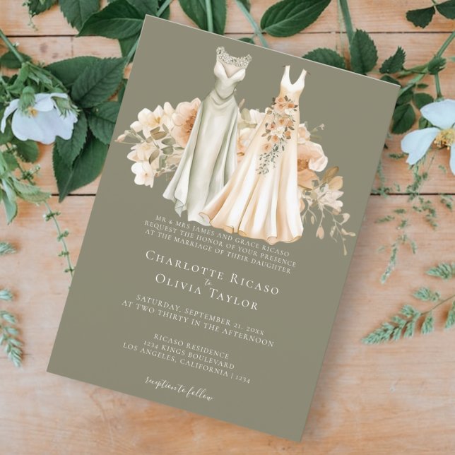 Elegant Gay Wedding Two Brils in Dress Einladung (Von Creator hochgeladen)