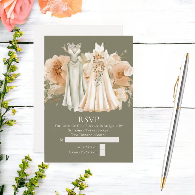 Elegant Gay Wedding Two Brils in Dress RSVP Karte (Elegant Gay Wedding Two Brides in Dresses RSVP Card from Ricaso)
