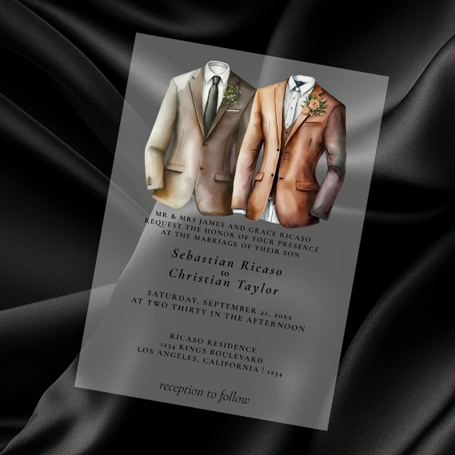 Elegant Gay Wedding Two Grooms in Anzügen (Elegant Gay Wedding Two Grooms in Suits Vellum Invitations by Ricaso. Add your own wedding details)