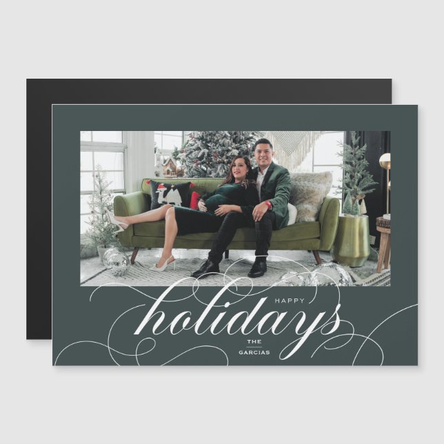 Elegant Geblüht Script DkGreen Holiday Foto Card Magneteinladung (Vorne/Hinten)
