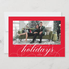 Elegant Geblüht Script Red Holiday Foto Card Feiertagskarte