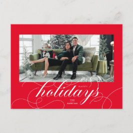 Elegant Geblüht Script Red Holiday Foto Card Feiertagspostkarte