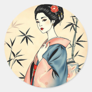Elegant Geisha mit Bambus und Tintenpatterns Runder Aufkleber