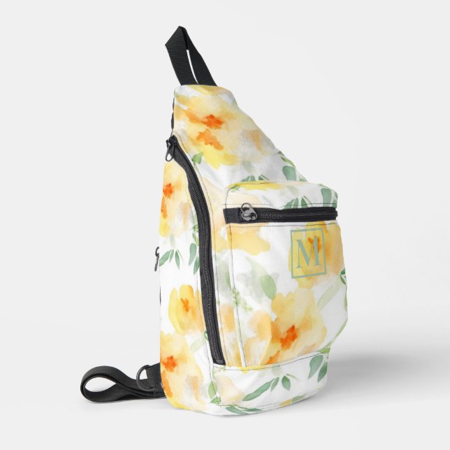 Elegant gelb pfirsichfarbene Aquarellblüte Crossbody Bag (Linke Seite)