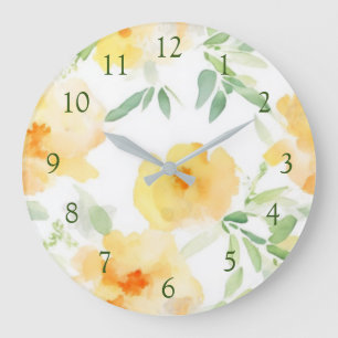 Elegant gelb pfirsichfarbene Aquarellblüte Große Wanduhr