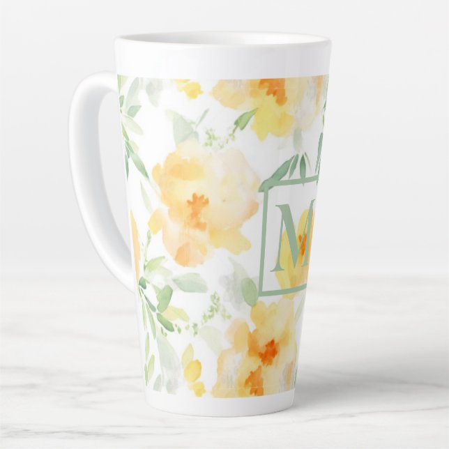Elegant gelb pfirsichfarbene Aquarellblüte Milchtasse (Linke Ecke)