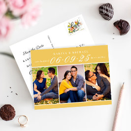 Elegant gelbes Foto-Collage Hochzeit speichern Sie Ankündigungspostkarte
