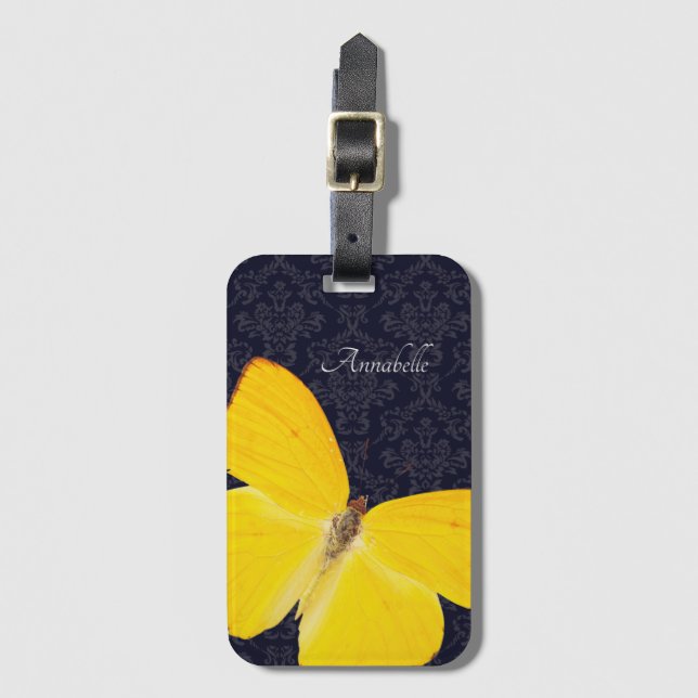 Elegant Gelbes Schmetterling Schwarzer Damast Name Gepäckanhänger (Vorderseite Vertikal)
