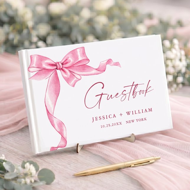 Elegant Gentle Pink Bow Ribbon Wedding Gästebuch (Von Creator hochgeladen)
