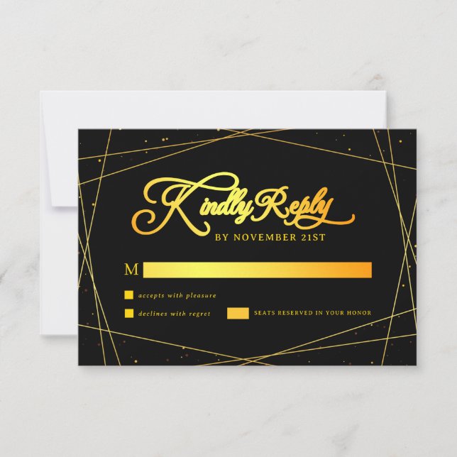 Elegant Geometric Black and Gold  Wedding RSVP Karte (Vorderseite)