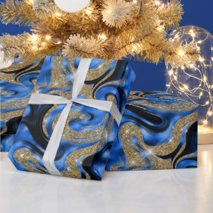 Elegant geschmolzenes Blau und goldener Glitter-Ge Geschenkpapier
