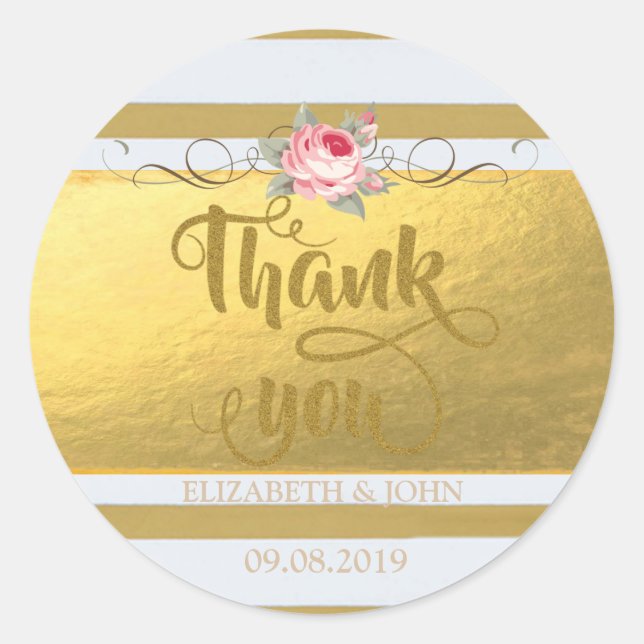 Elegant gestreift, Rose danke Ihnen Hochzeitsticke Runder Aufkleber (Vorderseite)