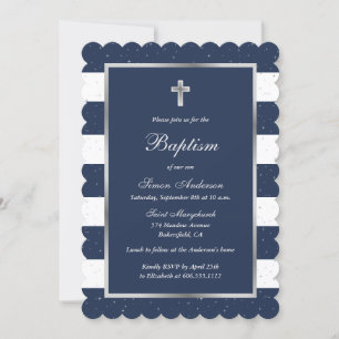 Elegant gestreifte Blaue und Silberkreuz Taufe Einladung