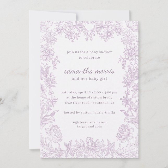 Elegant Gezeichnet Blumen Lavendel Baby Dusche Einladung (Vorderseite)