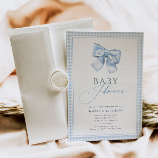Elegant Gingham Blue Coquette Bow Baby Shower Einladung