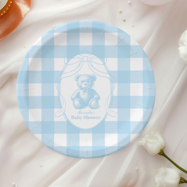 Elegant Gingham French Teddy Bear Baby Shower Pappteller (Von Creator hochgeladen)