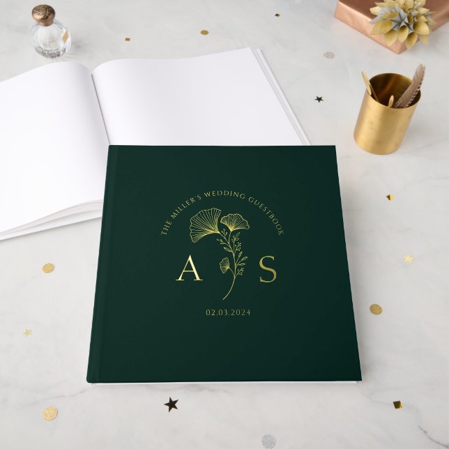 Elegant Ginkgo Blätter Emerald Green Wedding Foil Gästebuch (Vorderseite Offen)