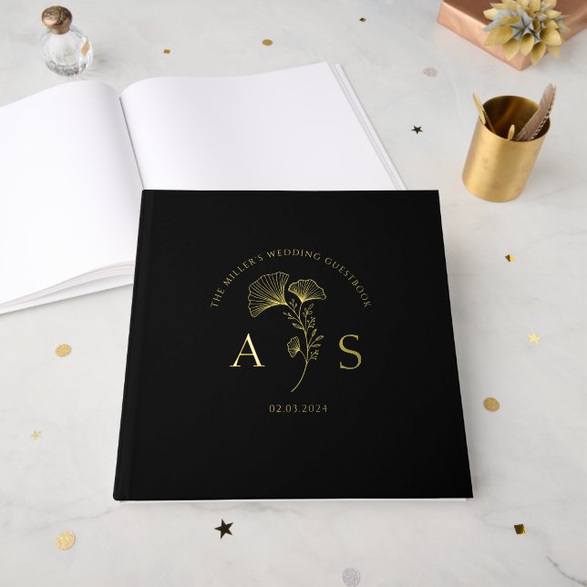 Elegant Ginkgo Blätter Floral Black Wedding Foil Gästebuch (Vorderseite Offen)