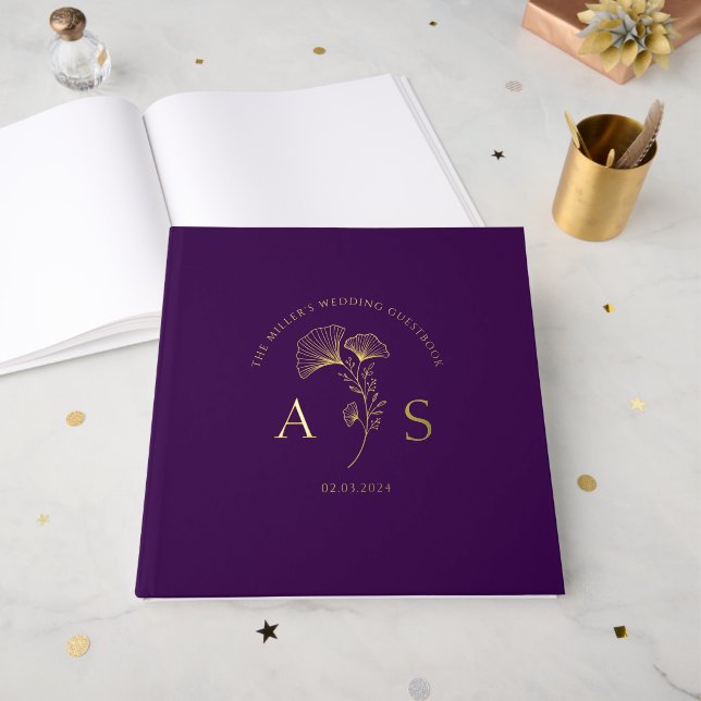 Elegant Ginkgo Blätter Royal Plum Wedding Foil Gästebuch (Vorderseite Offen)