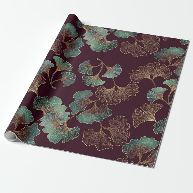 Elegant Ginkgo Leaf in Burgundy and Teal (1) Geschenkpapier (Ungerollt)