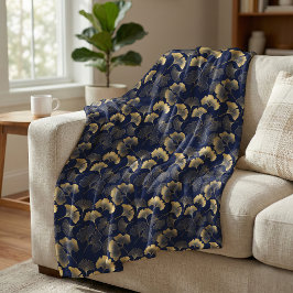 Elegant Ginkgo Leaf Pattern Navy Blue Gold Fleecedecke