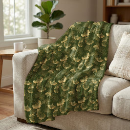 Elegant Ginkgo Leaf Pattern Olive Green Gold Fleecedecke