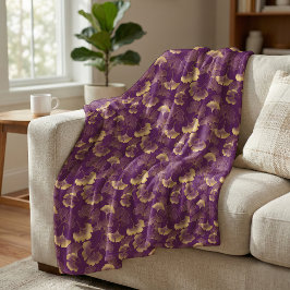 Elegant Ginkgo Leaf Pattern Purple Gold Fleecedecke