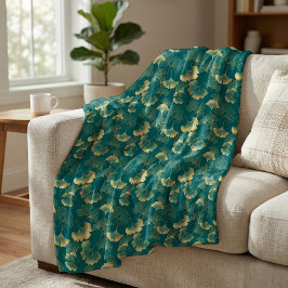 Elegant Ginkgo Leaf Pattern Teal Gold Fleecedecke
