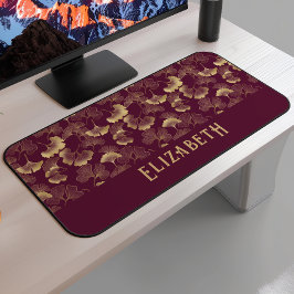 Elegant Ginkgo Pattern Monogram Name Burgundy Gold Schreibtischunterlage