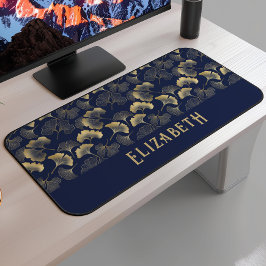 Elegant Ginkgo Pattern Name Navy Blue Gold Schreibtischunterlage