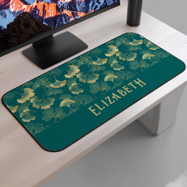 Elegant Ginkgo Pattern Name Teal Blue Gold Schreibtischunterlage