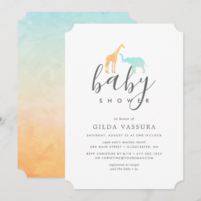 Elegant Giraffe Elephant Baby Shower Einladung (Vorne/Hinten)