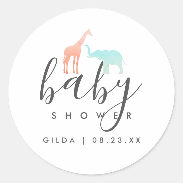 Elegant Giraffe Elephant Baby Shower Runder Aufkleber (Vorderseite)