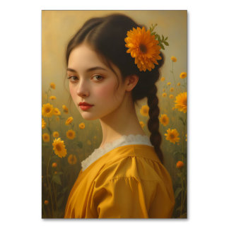 Elegant Girl Portrait Among Sunflowers Tischnummer