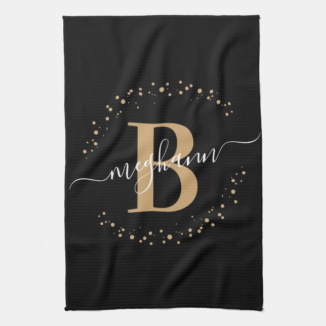 Elegant Girly Black Monogram Name Script Geschirrtuch (Vertikal)