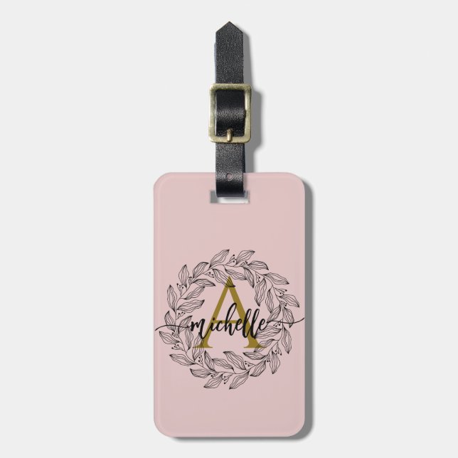 Elegant Girly Blush Pink FloralGold Monogram Name Gepäckanhänger (Vorderseite vertikal)