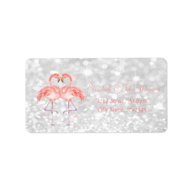 Elegant Girly, Bokeh, rosa Flamingos, Herz Adressaufkleber (Vorne)