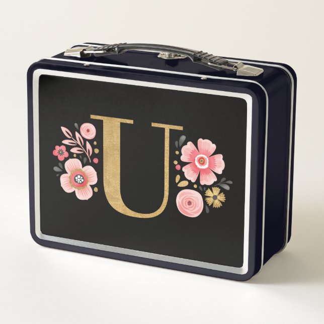 Elegant Girly Pink Black Floral Metall Brotdose (Rückseite)