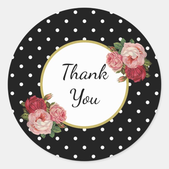 Elegant Girly Vintag Dots Rose Blumendanke Runder Aufkleber (Vorderseite)