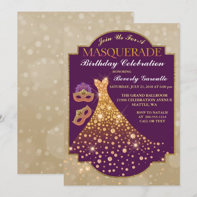 Elegant Glam Birthday Masquerade Einladung (Vorne/Hinten)