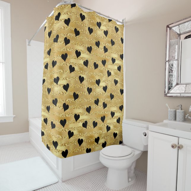 Elegant Glam Gold Glitzer Black Hearts Romantisch Duschvorhang (Beispiel)