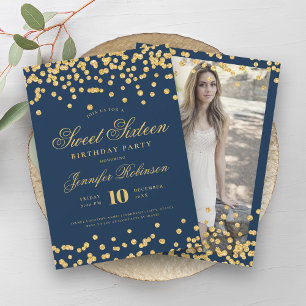 Elegant Glam Gold Navy Confetti Foto Sweet 16 Einladung
