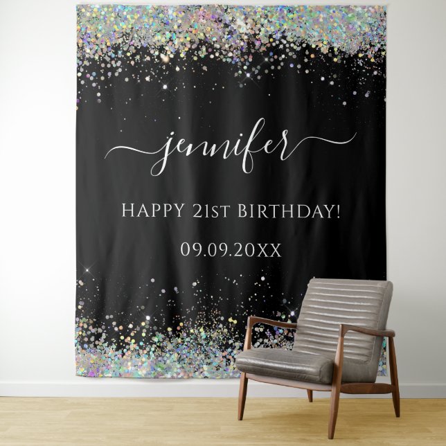 Elegant Glam Holographic Glitzer Birthday Black Wandteppich (Beispiel)